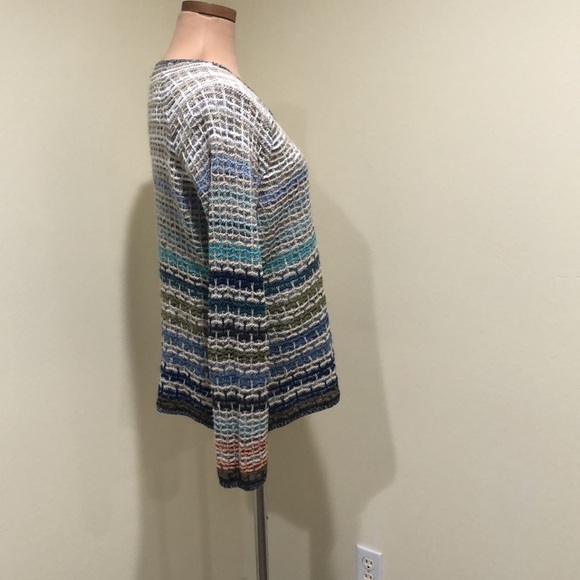 Nic + Zoe Sweater Size Large Gray Tan Blue Striped Linen Blend Pullover - Picture 4 of 10